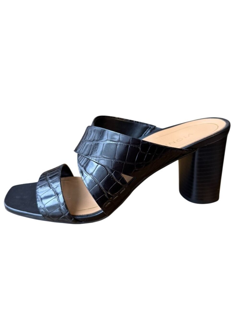 Vionic Merlot Black Croc Embossed Sandals Leather Block Heel Slip On Size 7